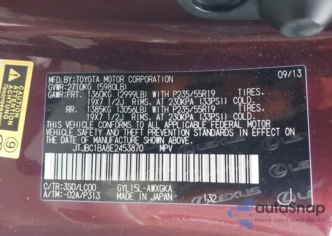 2014 Lexus Rx 450H z USA, uszkodzony, nr VIN JTJBC1BA8E2453870